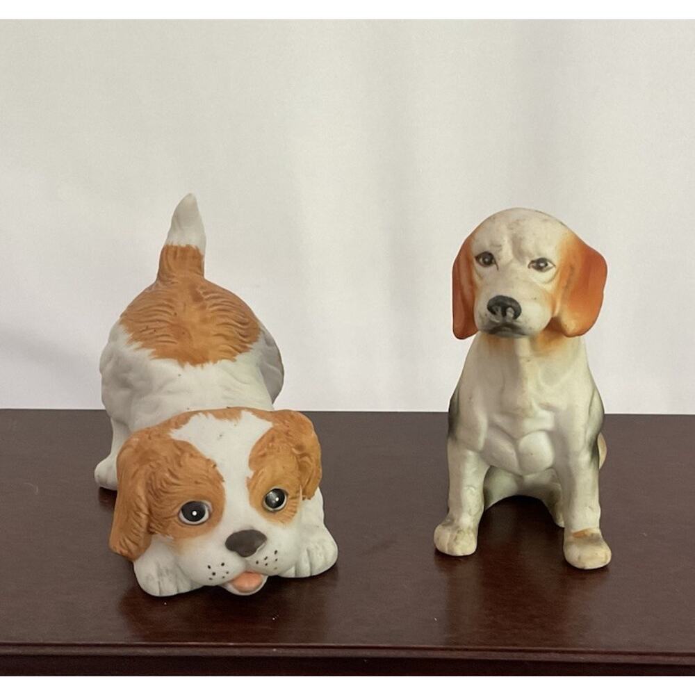 3.5”long Vintage Playful Puppy HOMCO Figurine #1407 & Beagle Buddy 3” Tall